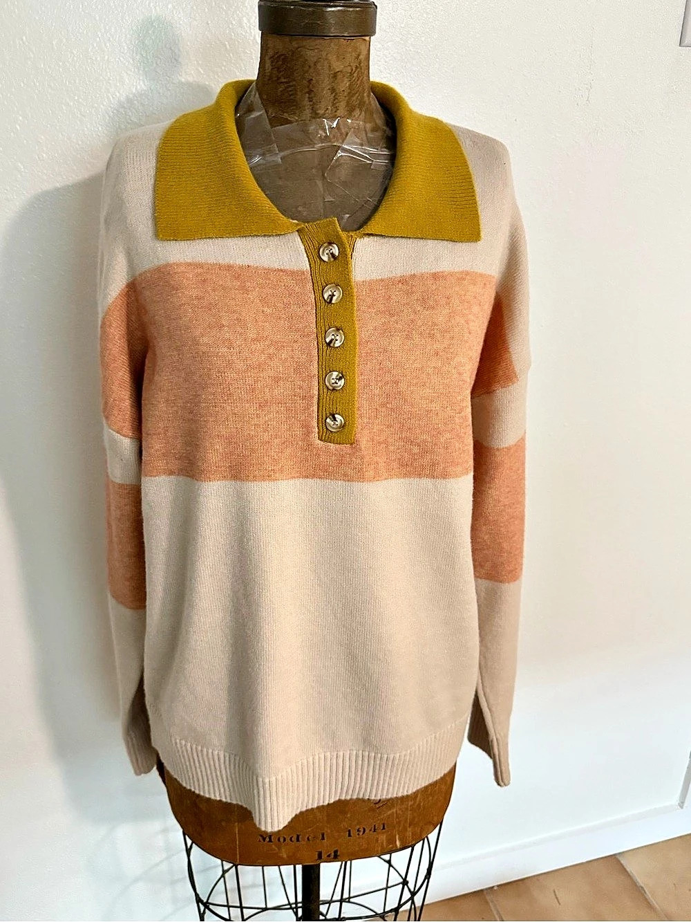 Hem & Thread Color Block Polo Sweater Cream & Orange Medium NWT
